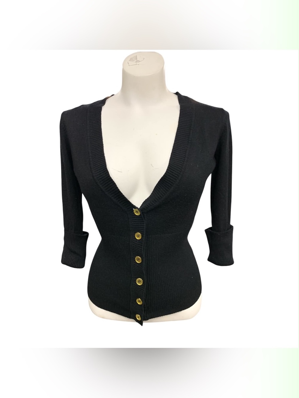 Question Classic Black Deep V-Neck Button-Front Knit Top Size S